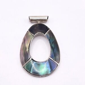 Sterling Silver Teardrop Abalone Inlay Pendant - Black Green Shine